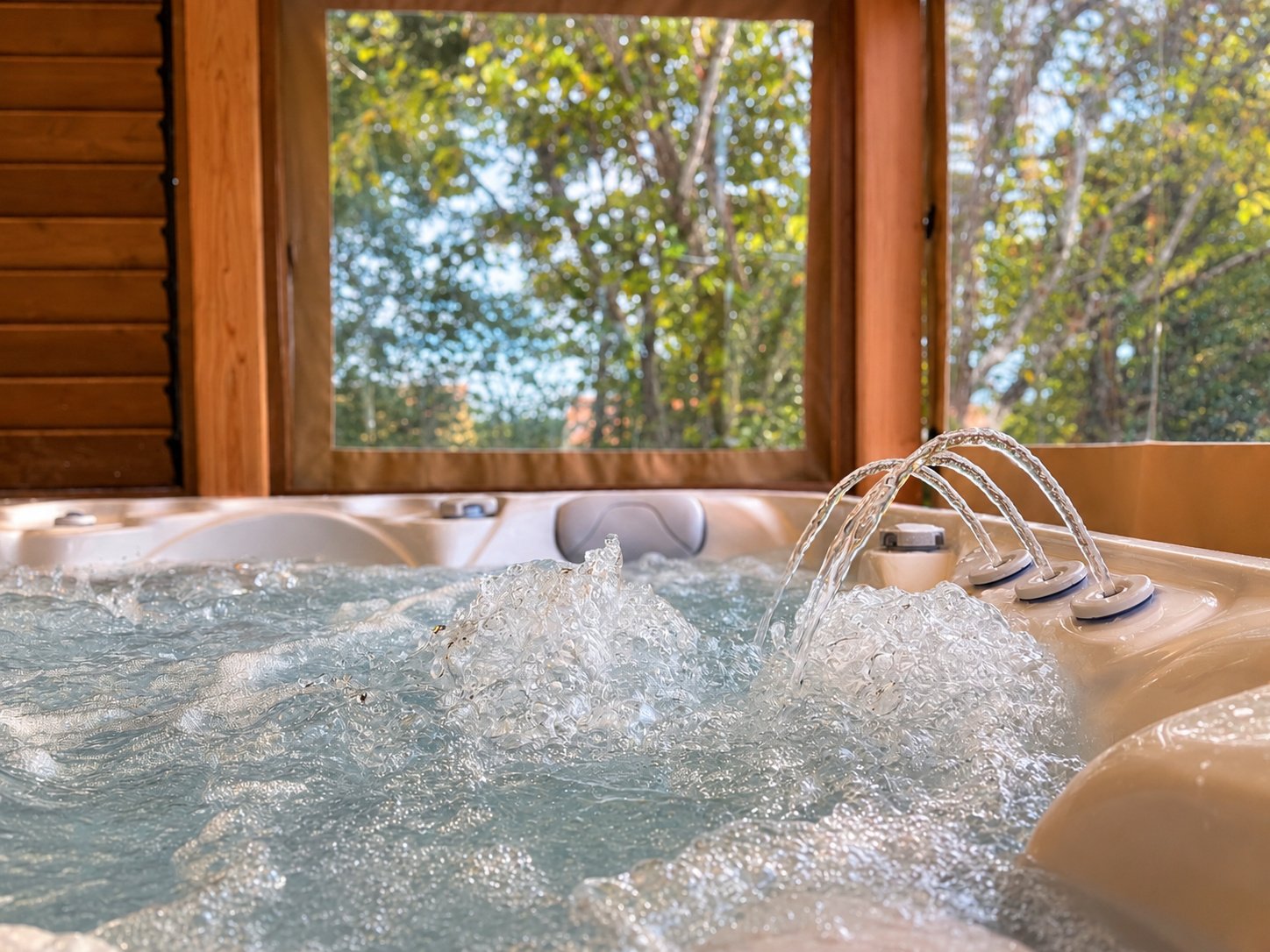 Vue rapprochée des bulles du jacuzzi avec les arbres en arrière-plan